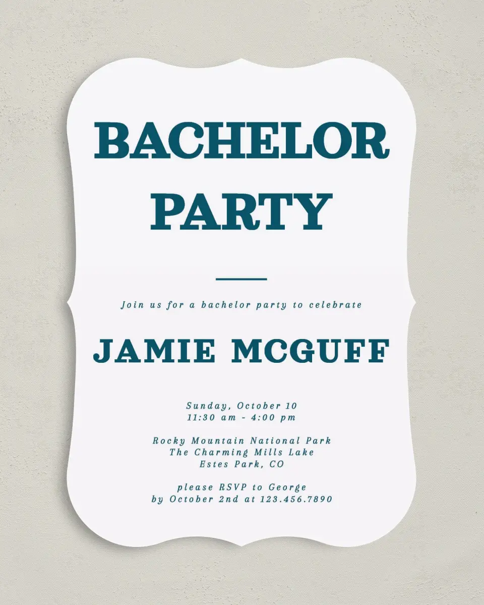 This is a 5" x 7" Bachelor Party Invitation called Soon to be Soiree printed in full color on Premium Smooth paper