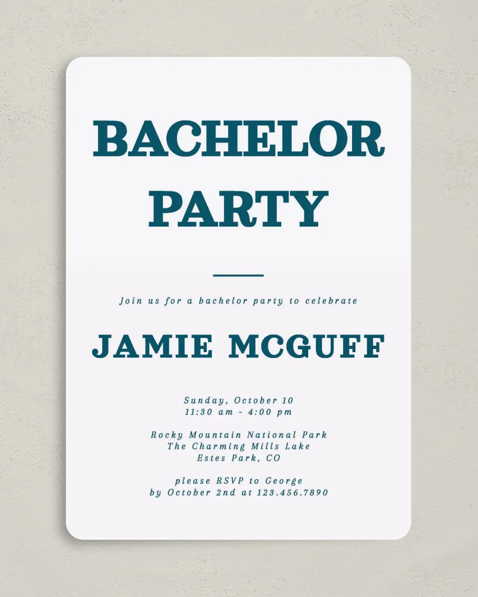 This is a 5" x 7" Bachelor Party Invitation called Soon to be Soiree printed in full color on Premium Smooth paper