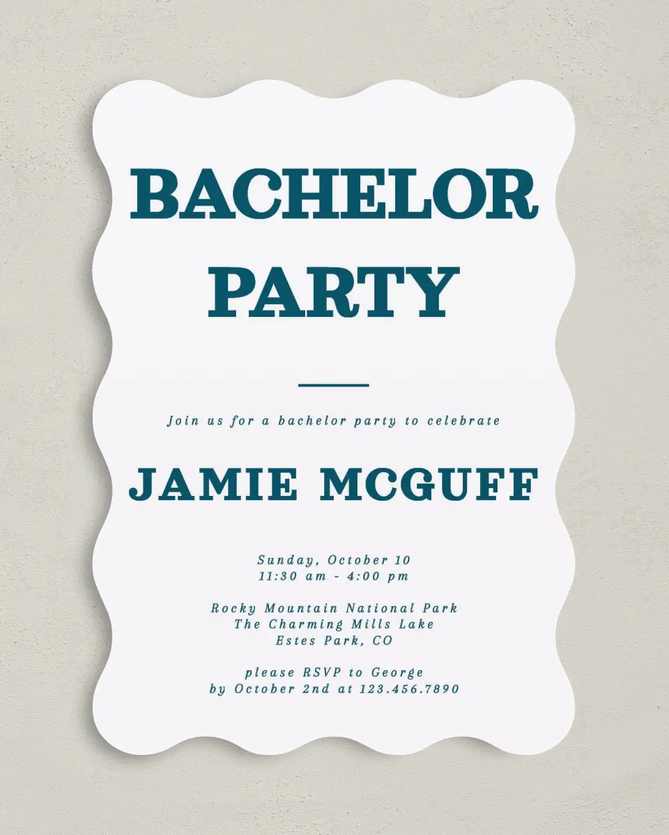 This is a 5" x 7" Bachelor Party Invitation called Soon to be Soiree printed in full color on Premium Smooth paper