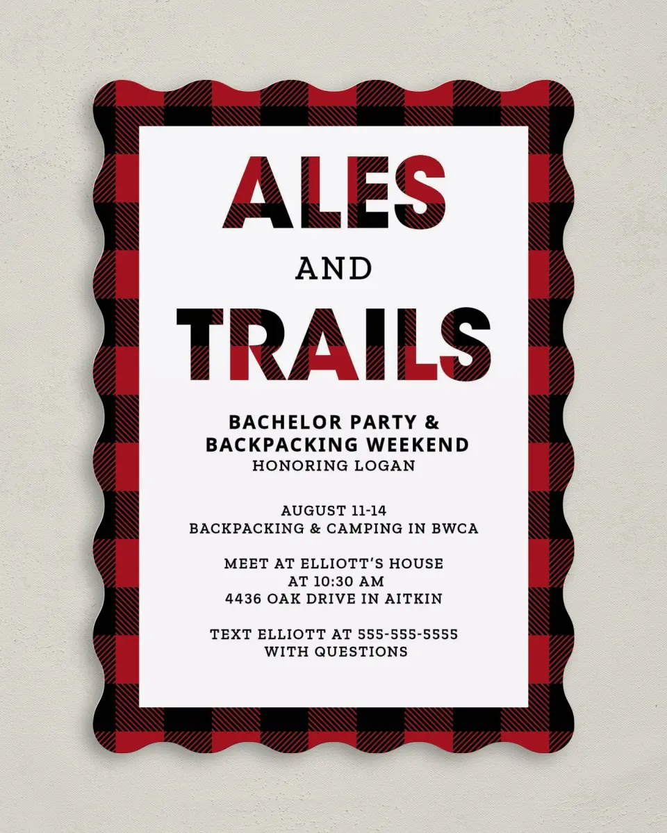 This is a 5" x 7" Bachelor Party Invitation called I Do Trail printed in full color on Premium Smooth paper