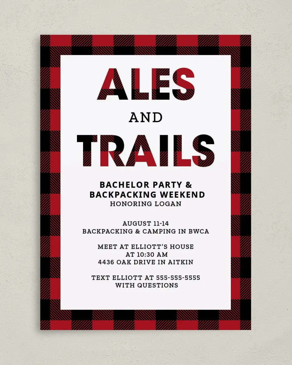 This is a 5" x 7" Bachelor Party Invitation called I Do Trail printed in full color on Premium Smooth paper