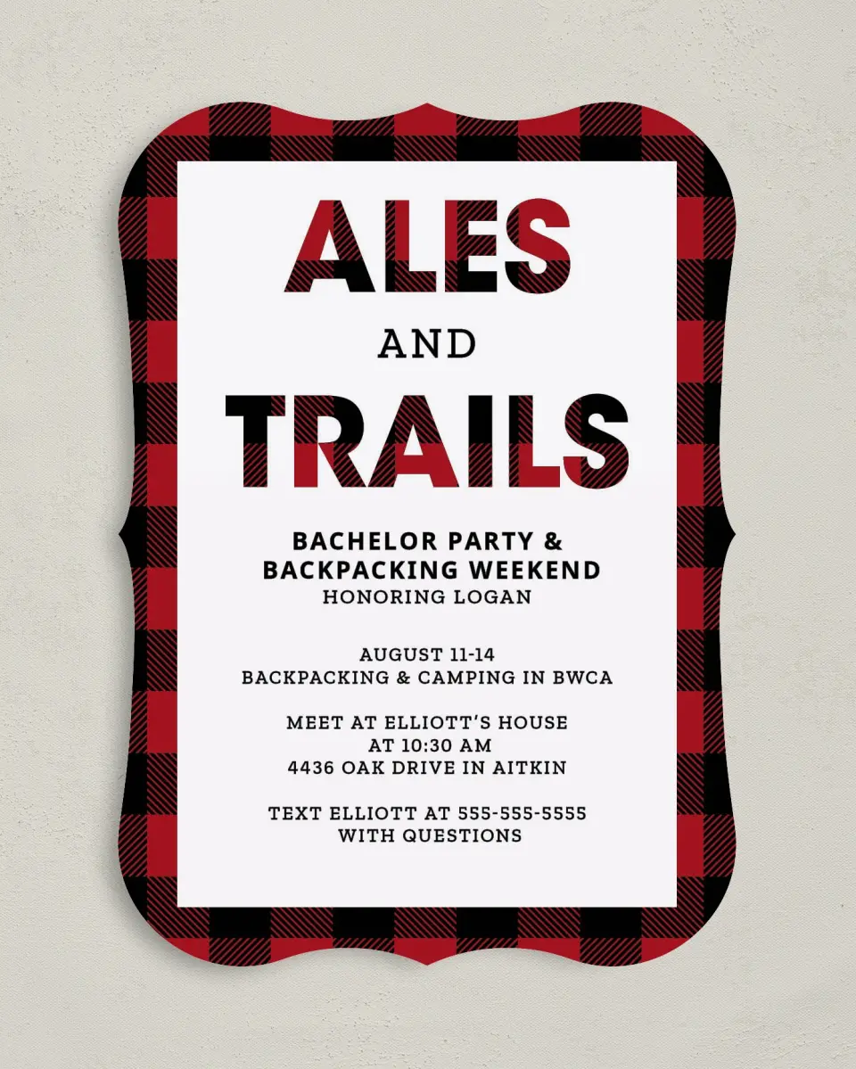 This is a 5" x 7" Bachelor Party Invitation called I Do Trail printed in full color with Silver foil on Luxe Satin (coated) paper