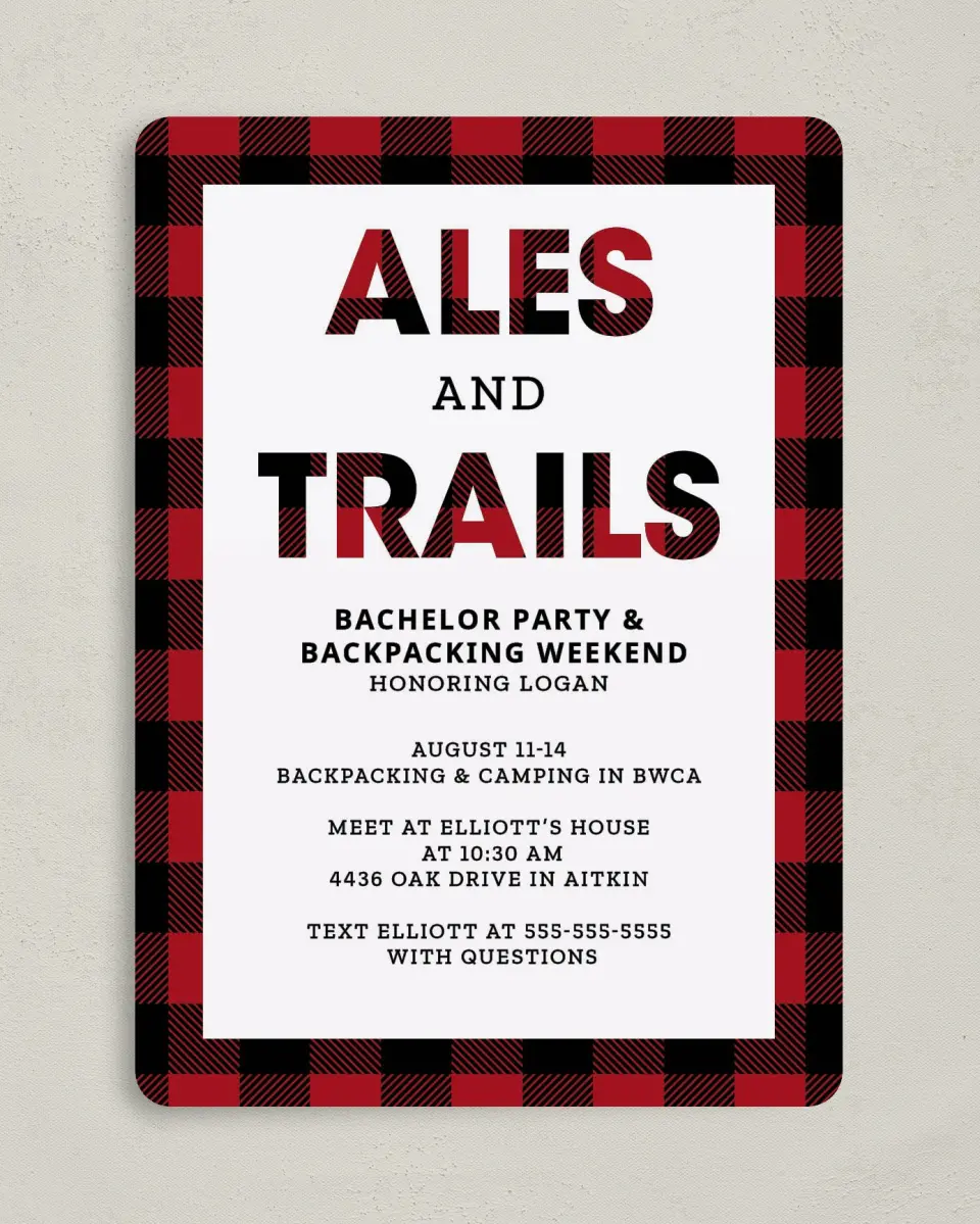 This is a 5" x 7" Bachelor Party Invitation called I Do Trail printed in full color on Premium Smooth paper
