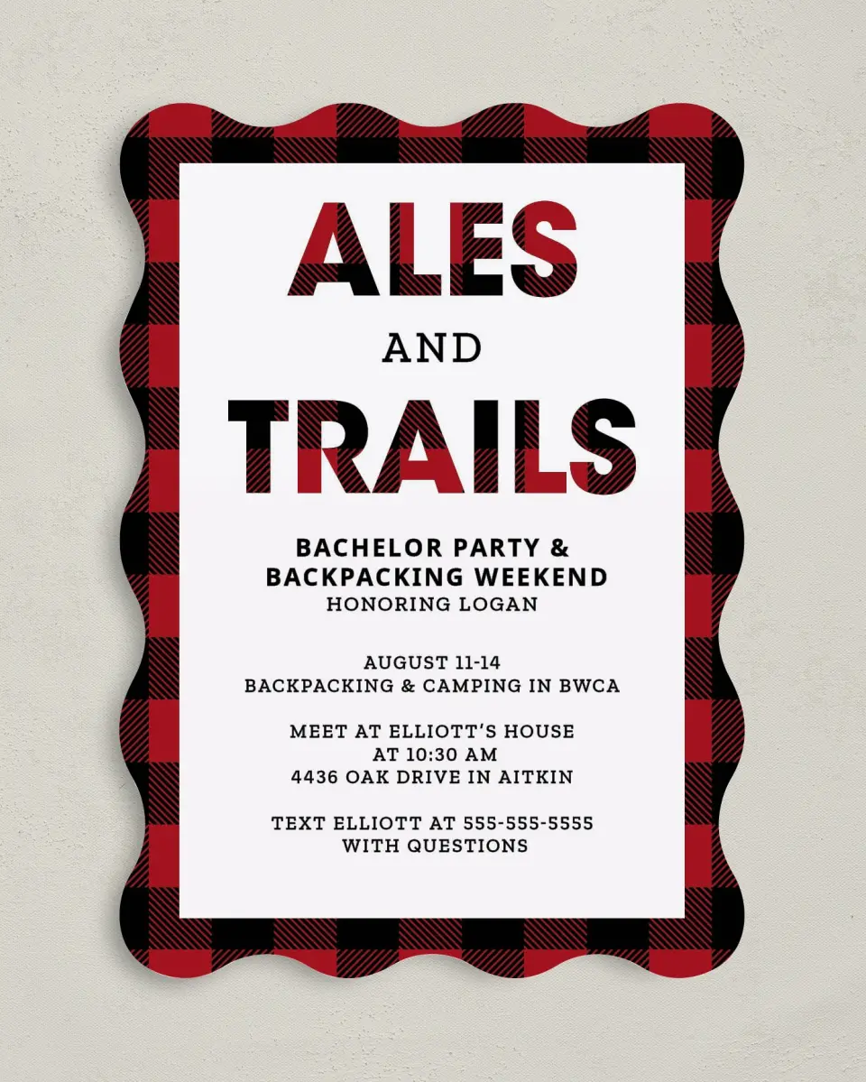 This is a 5" x 7" Bachelor Party Invitation called I Do Trail printed in full color on Premium Smooth paper