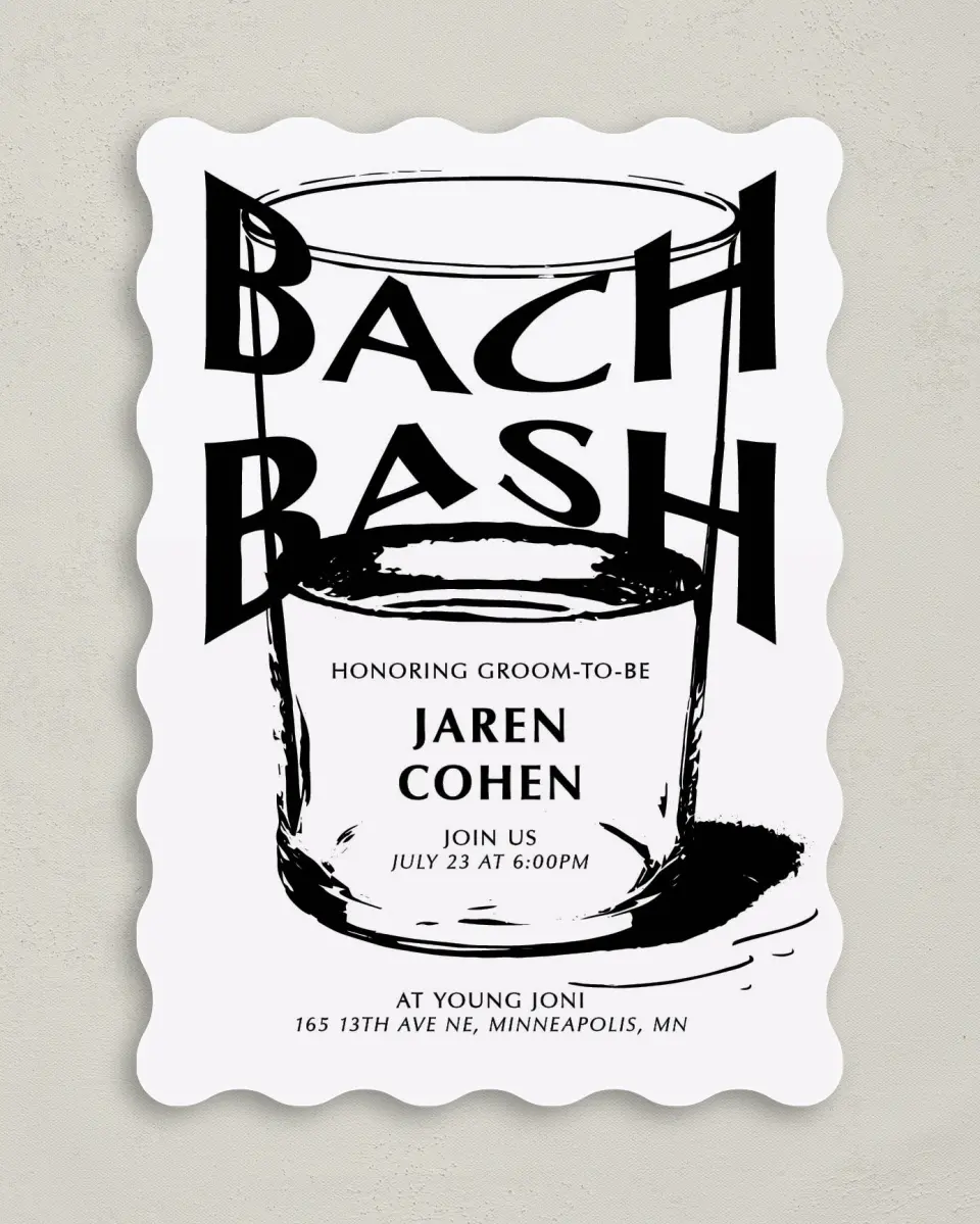This is a 5" x 7" Bachelor Party Invitation called Bach Bash printed in full color on Premium Smooth paper