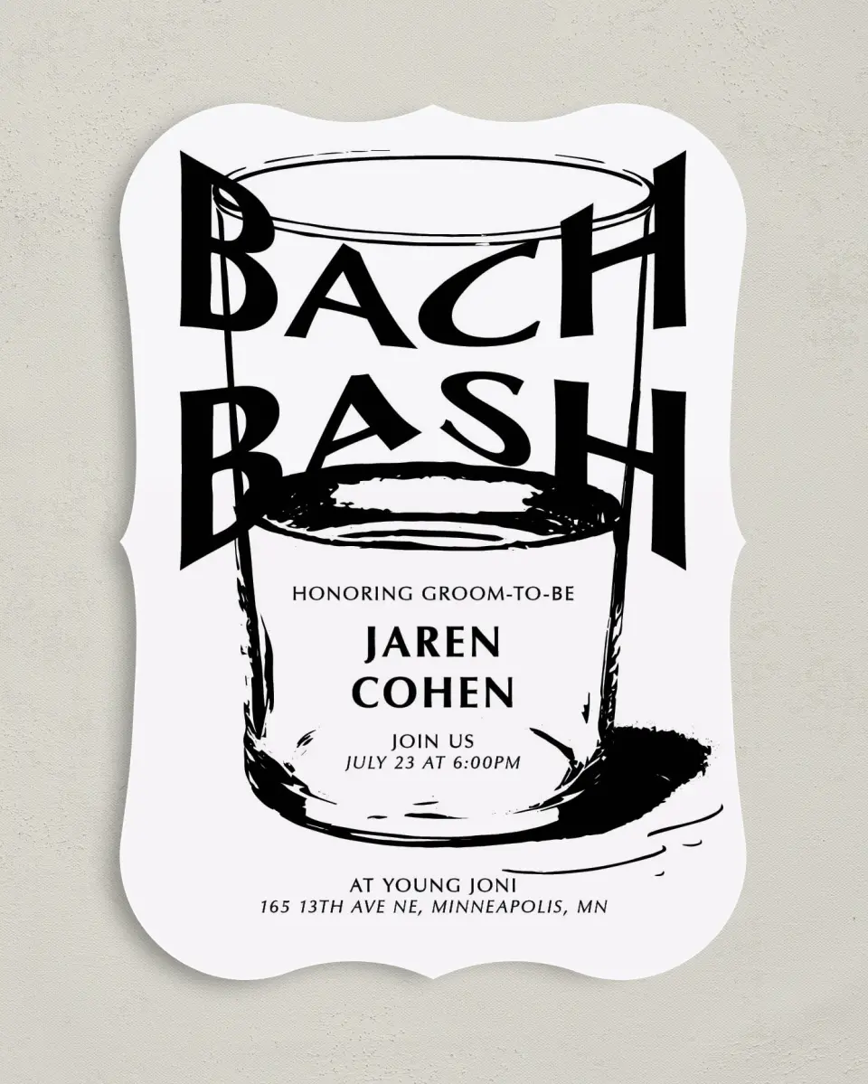 This is a 5" x 7" Bachelor Party Invitation called Bach Bash printed in full color on Premium Smooth paper