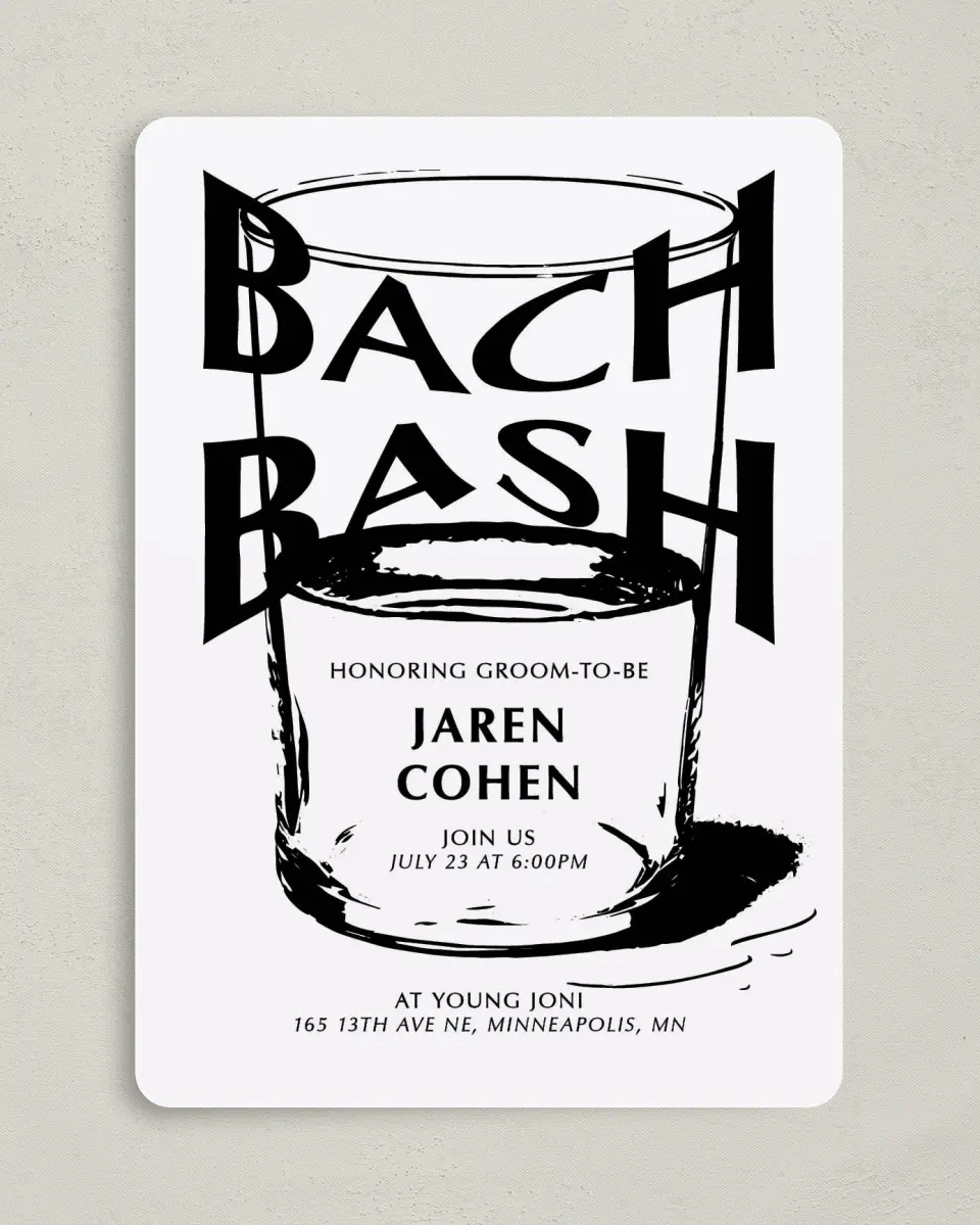 This is a 5" x 7" Bachelor Party Invitation called Bach Bash printed in full color on Premium Smooth paper