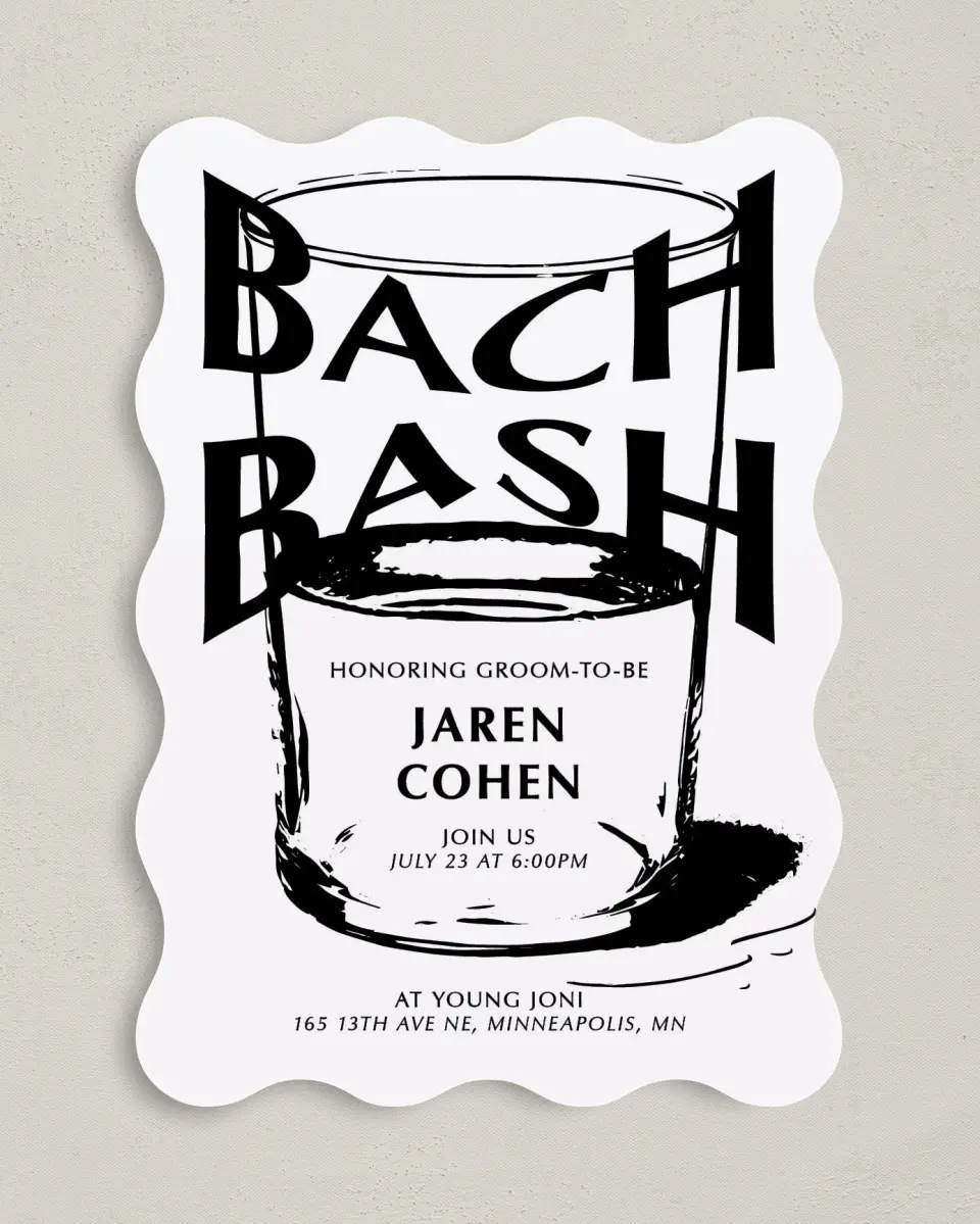 This is a 5" x 7" Bachelor Party Invitation called Bach Bash printed in full color on Premium Smooth paper
