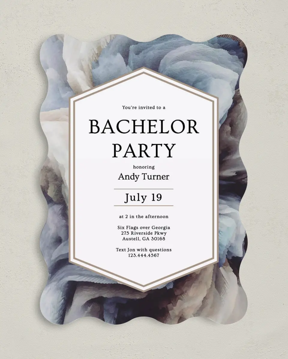 This is a 5" x 7" Bachelor Party Invitation called Wild Wash printed in full color with Gold foil on Luxe Satin (coated) paper