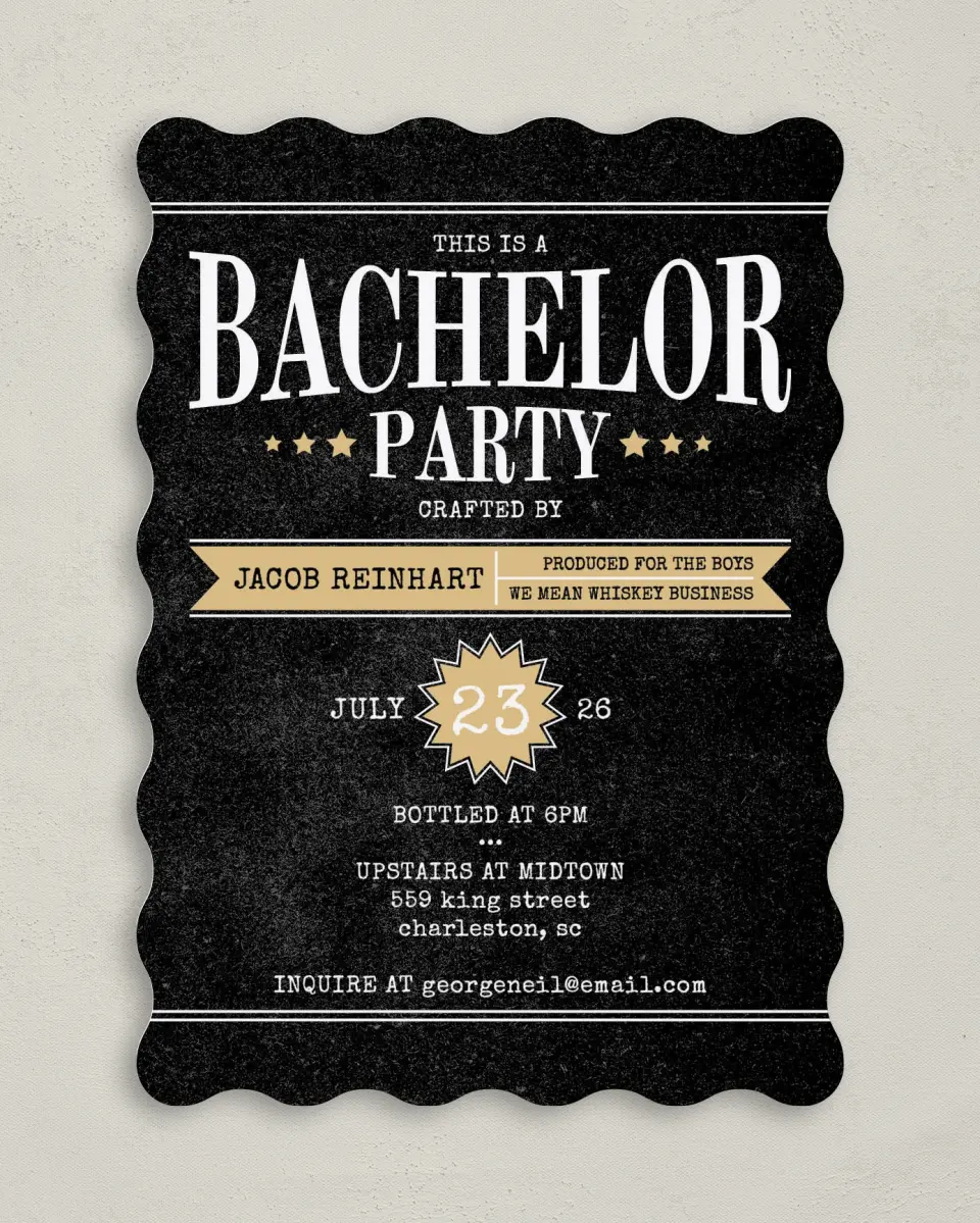 This is a 5" x 7" Bachelor Party Invitation called Whiskey Business printed in full color on Premium Smooth paper