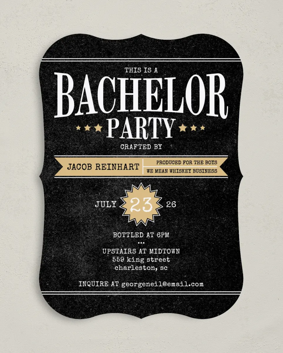 This is a 5" x 7" Bachelor Party Invitation called Whiskey Business printed in full color on Premium Smooth paper