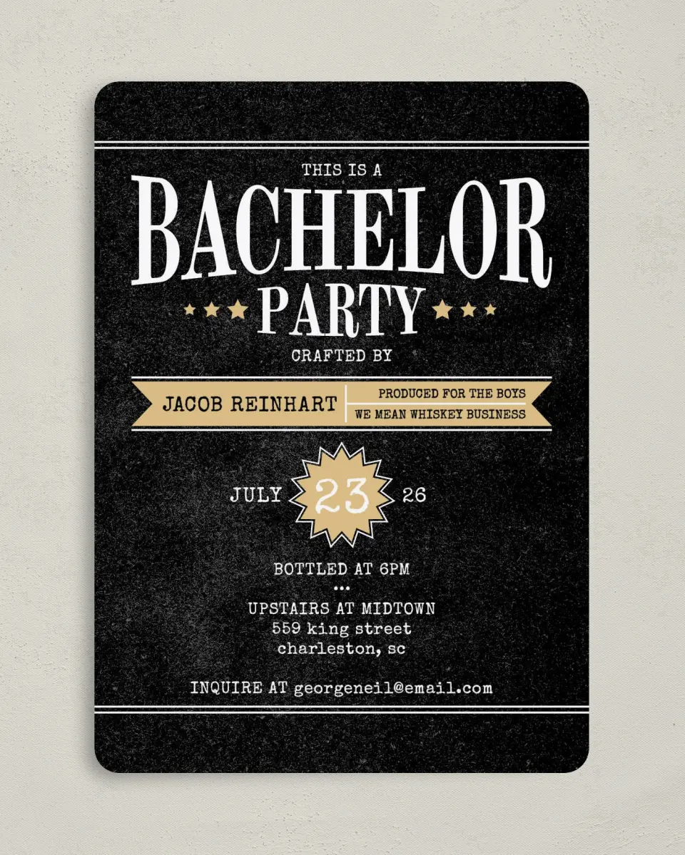 This is a 5" x 7" Bachelor Party Invitation called Whiskey Business printed in full color on Premium Smooth paper