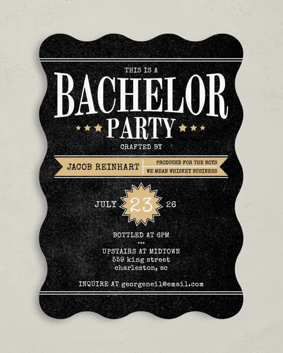 This is a 5" x 7" Bachelor Party Invitation called Whiskey Business printed in full color on Premium Smooth paper