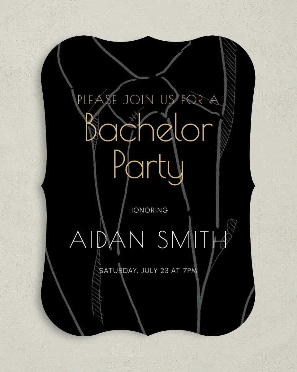 This is a 5" x 7" Bachelor Party Invitation called Stylized Bachelor printed in full color on Premium Smooth paper