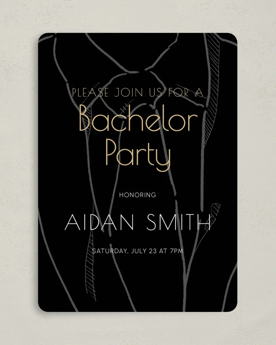 This is a 5" x 7" Bachelor Party Invitation called Stylized Bachelor printed in full color on Premium Smooth paper