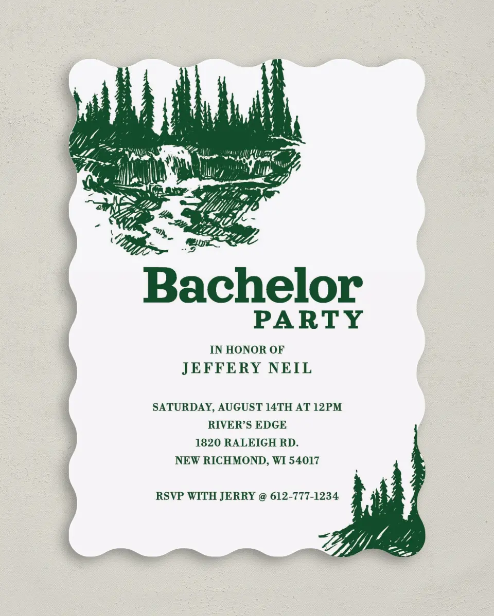 This is a 5" x 7" Bachelor Party Invitation called Spring Wilderness printed in full color on Premium Smooth paper