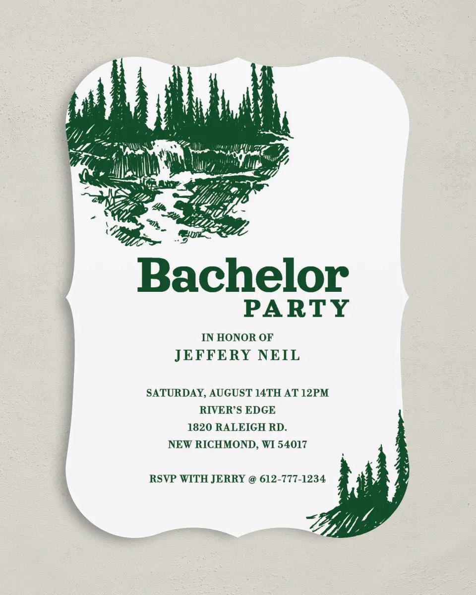 This is a 5" x 7" Bachelor Party Invitation called Spring Wilderness printed in full color with Silver foil on Luxe Satin (coated) paper