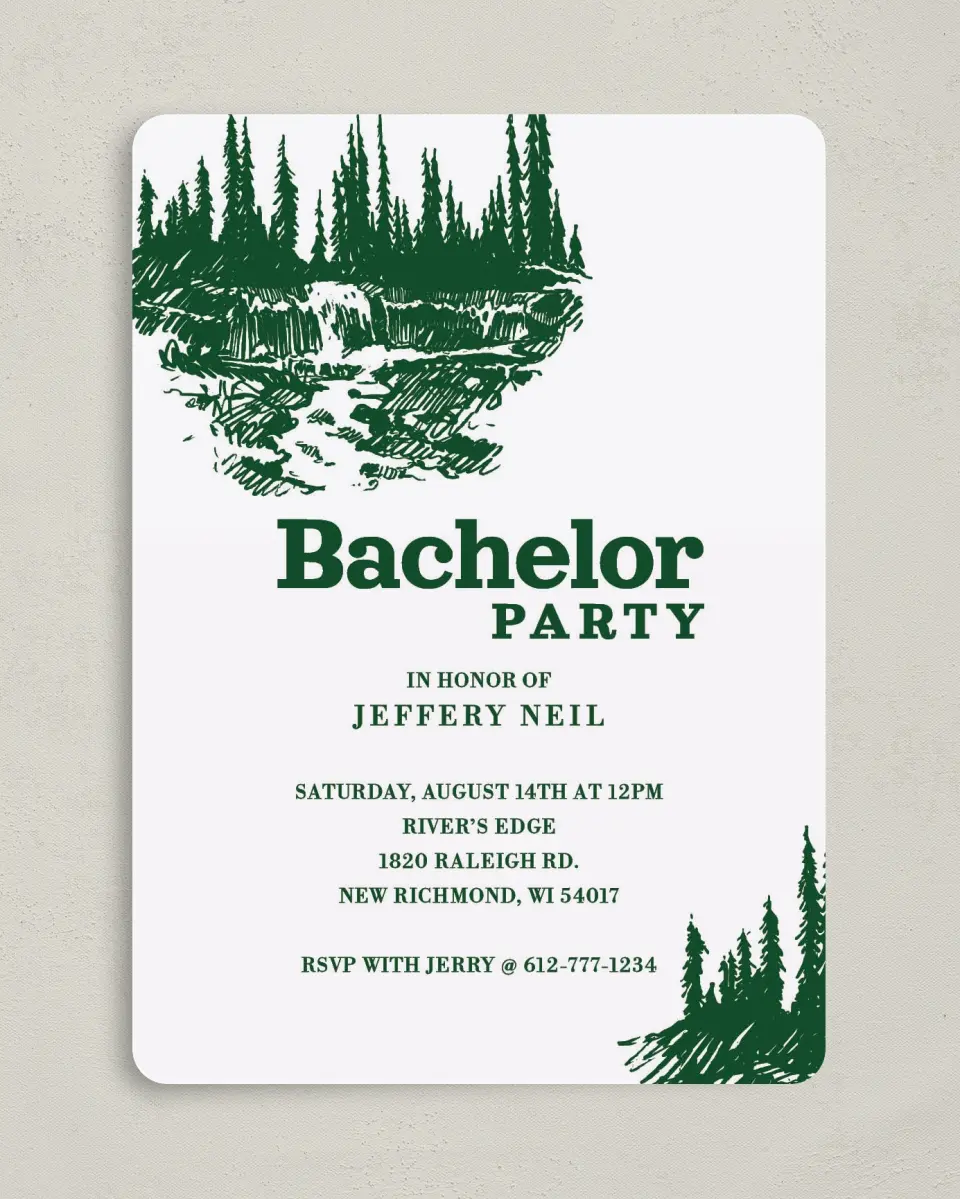 This is a 5" x 7" Bachelor Party Invitation called Spring Wilderness printed in full color on Premium Smooth paper