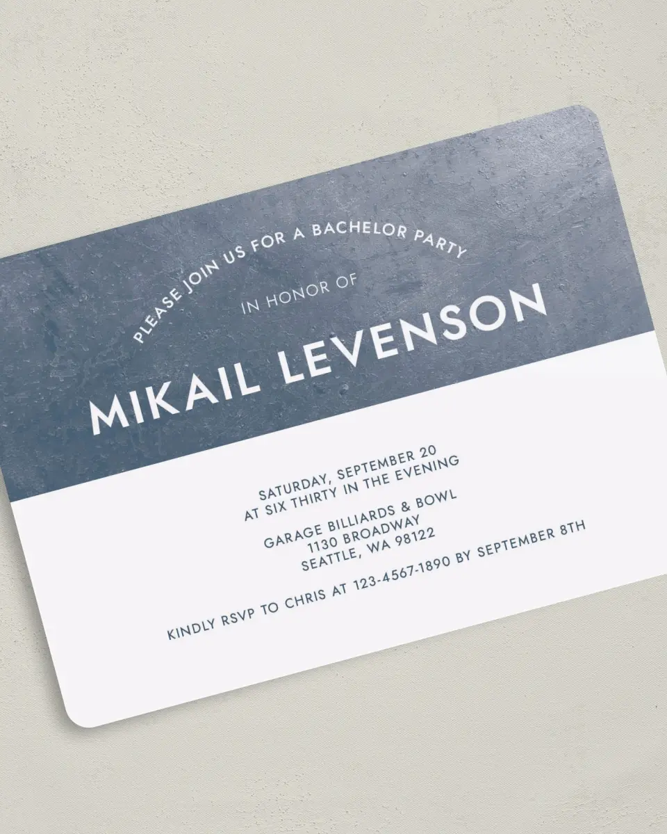 This is a 5" x 7" Bachelor Party Invitation called Whimsy Texture printed in full color on Premium Smooth paper