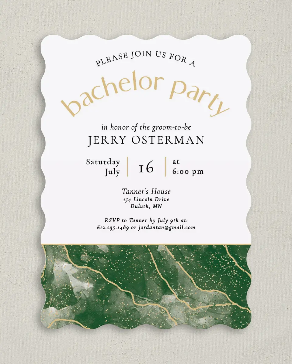 This is a 5" x 7" Bachelor Party Invitation called Lively Marble printed in full color on Premium Smooth paper