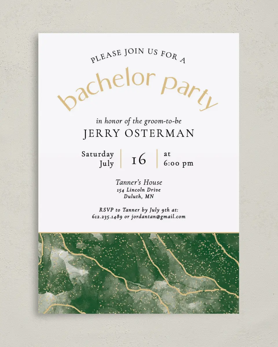 This is a 5" x 7" Bachelor Party Invitation called Lively Marble printed in full color on Premium Smooth paper