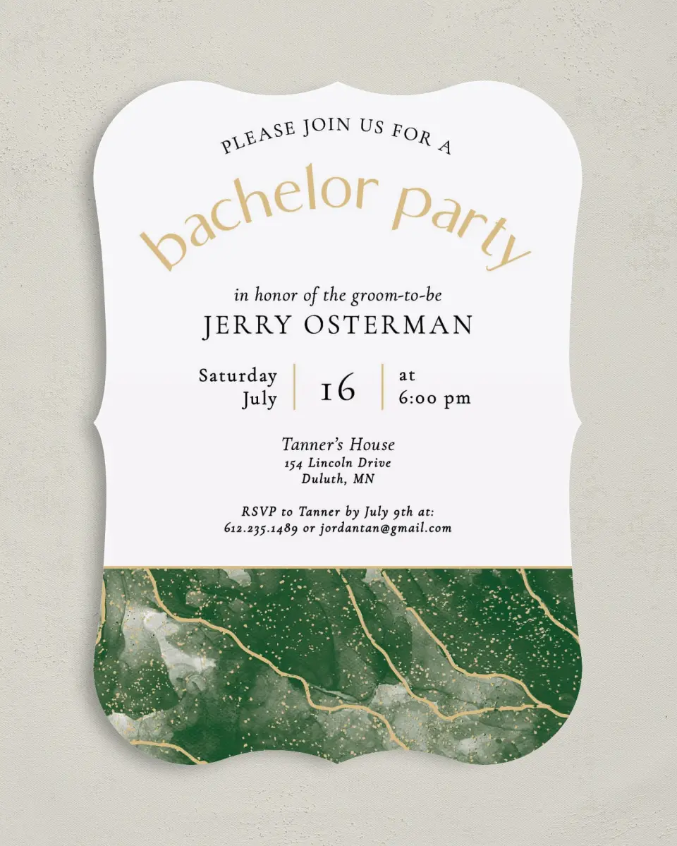 This is a 5" x 7" Bachelor Party Invitation called Lively Marble printed in full color on Premium Smooth paper