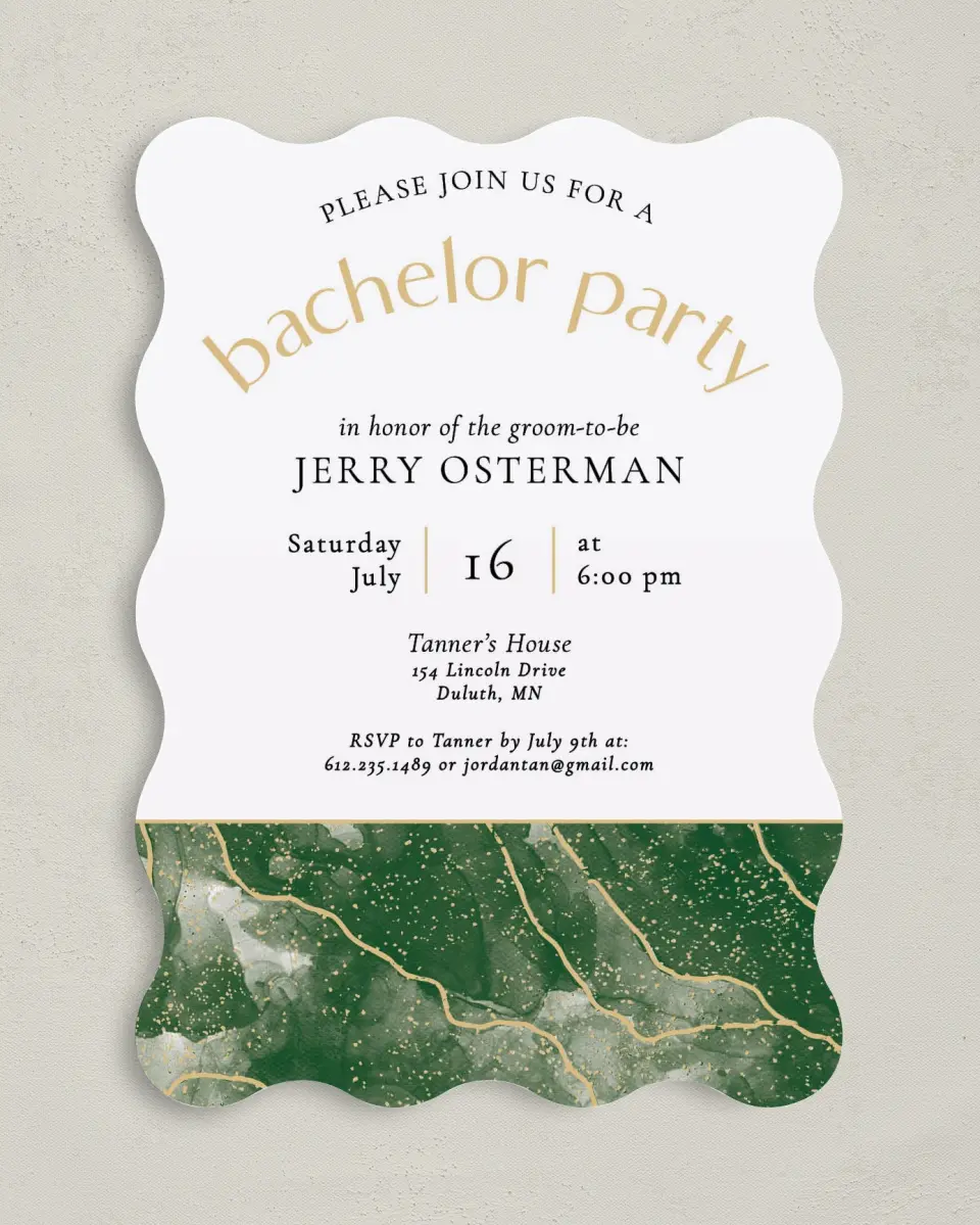 This is a 5" x 7" Bachelor Party Invitation called Lively Marble printed in full color on Premium Smooth paper