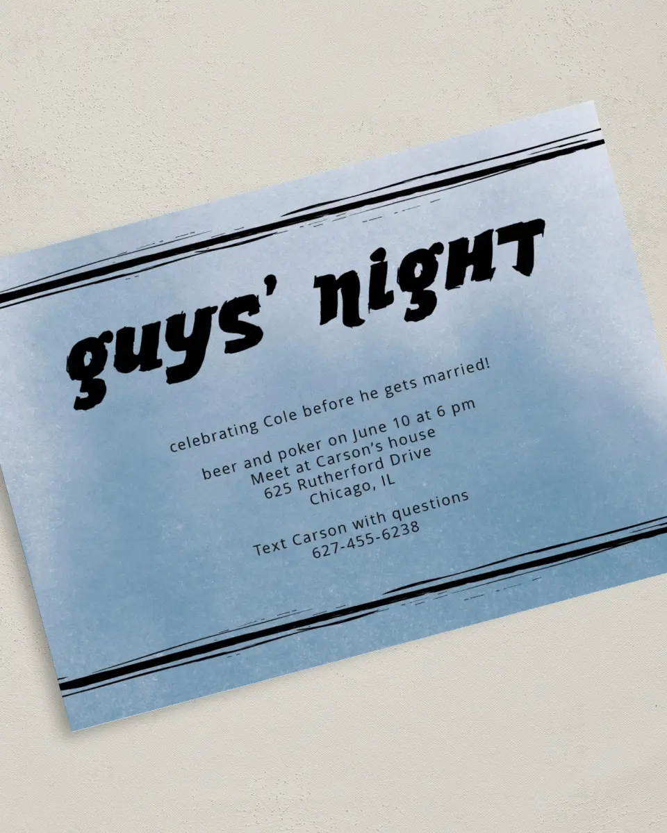 This is a 5" x 7" Bachelor Party Invitation called Guys Together printed in full color on Premium Smooth paper