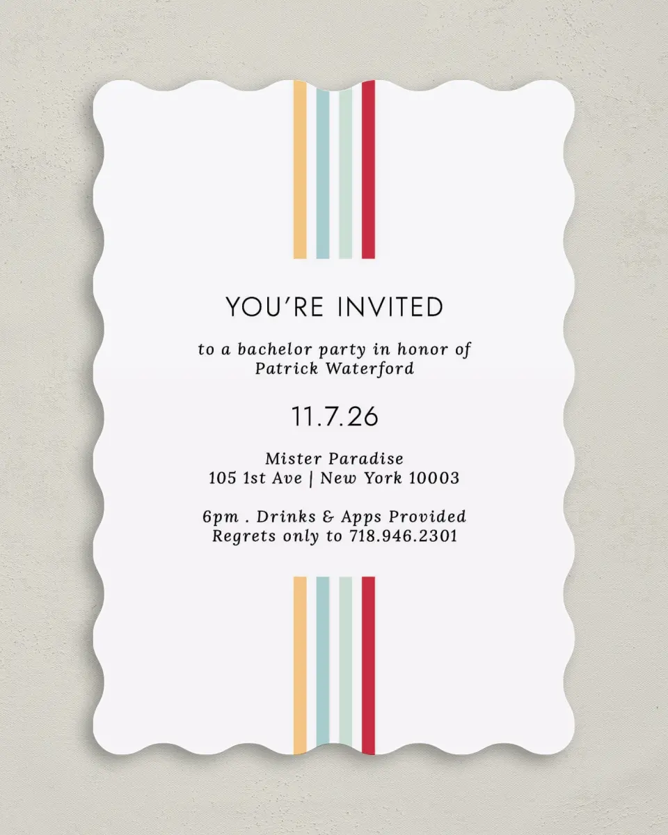 This is a 5" x 7" Bachelor Party Invitation called Stripey Delight printed in full color on Premium Smooth paper