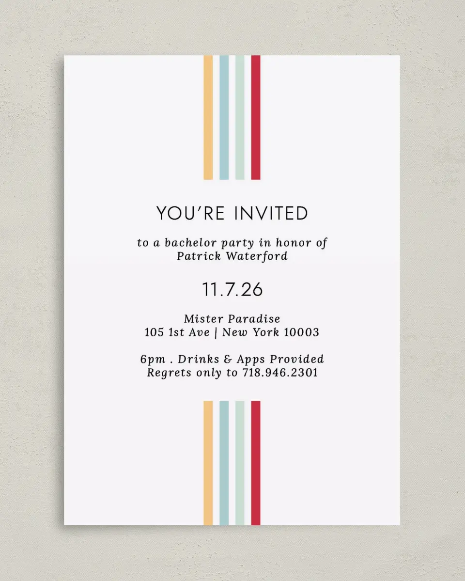 This is a 5" x 7" Bachelor Party Invitation called Stripey Delight printed in full color on Premium Smooth paper