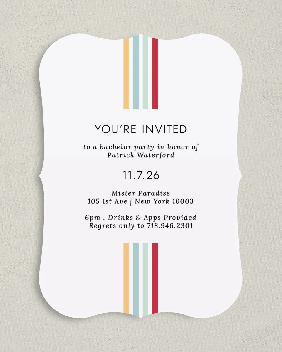 This is a 5" x 7" Bachelor Party Invitation called Stripey Delight printed in full color on Premium Smooth paper