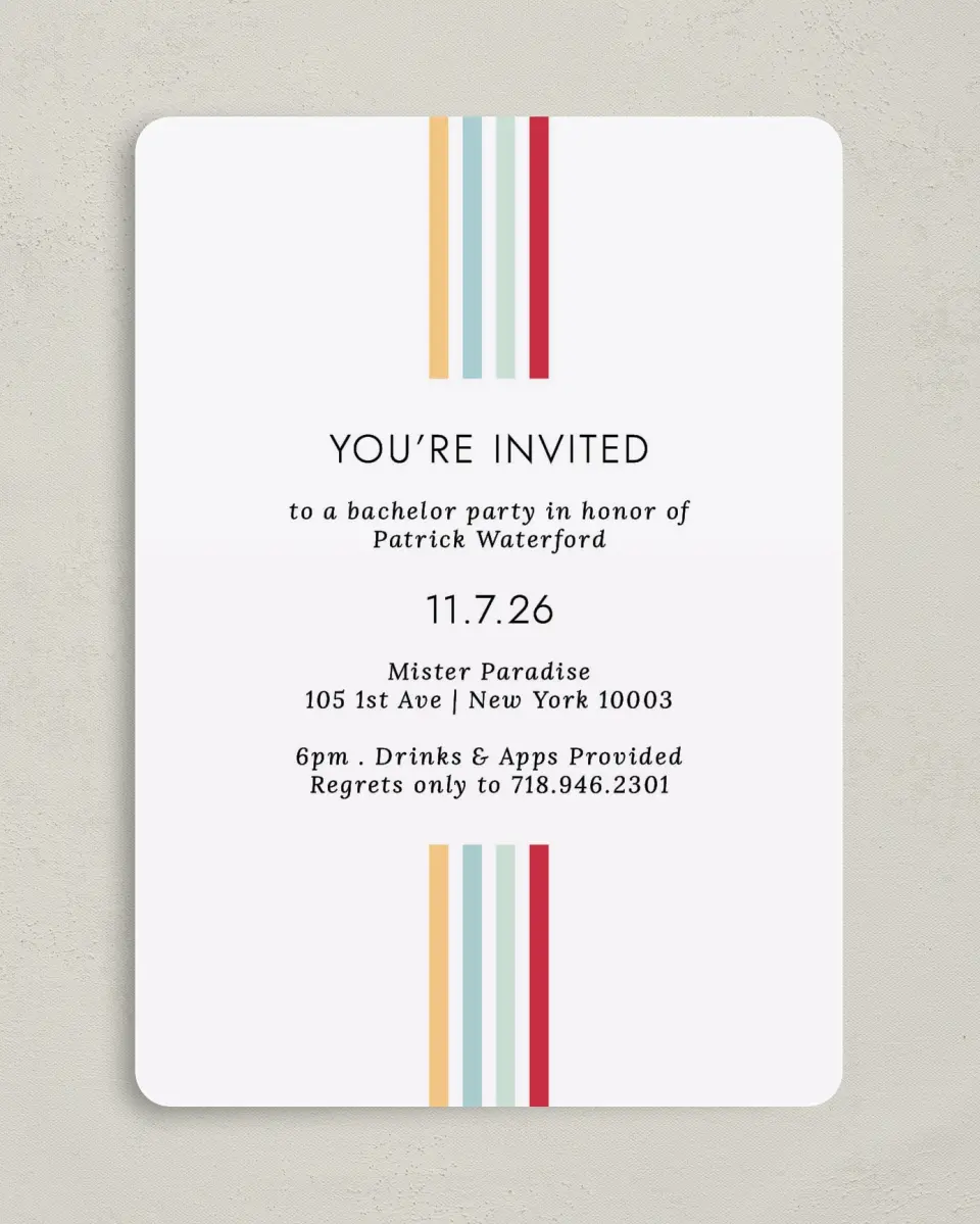 This is a 5" x 7" Bachelor Party Invitation called Stripey Delight printed in full color on Premium Smooth paper