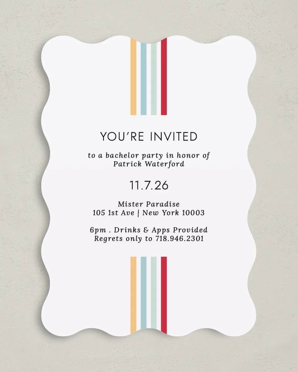 This is a 5" x 7" Bachelor Party Invitation called Stripey Delight printed in full color with Gold foil on Luxe Satin (coated) paper