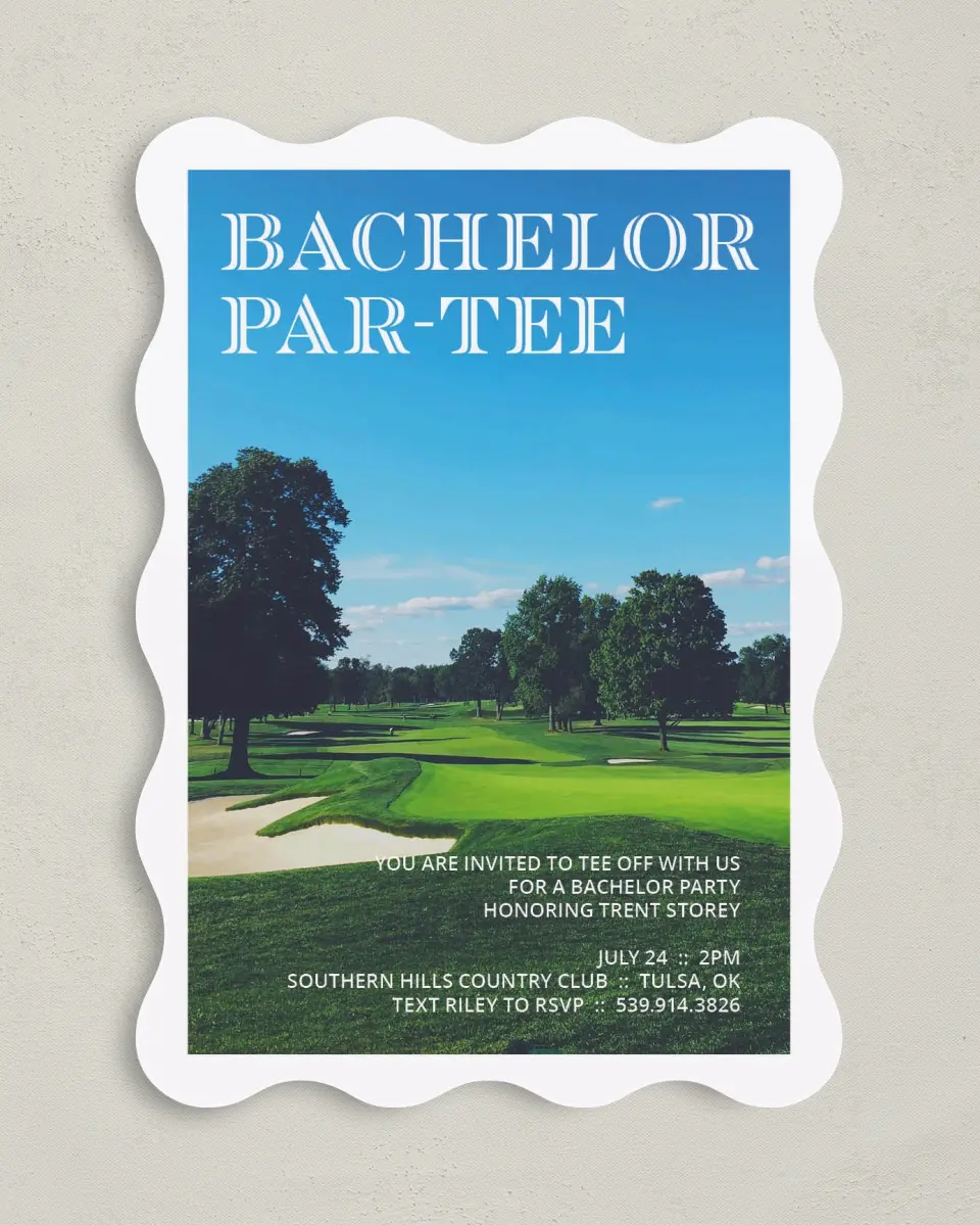 This is a 5" x 7" Bachelor Party Invitation called Bachelor Par-tee printed in full color on Premium Smooth paper