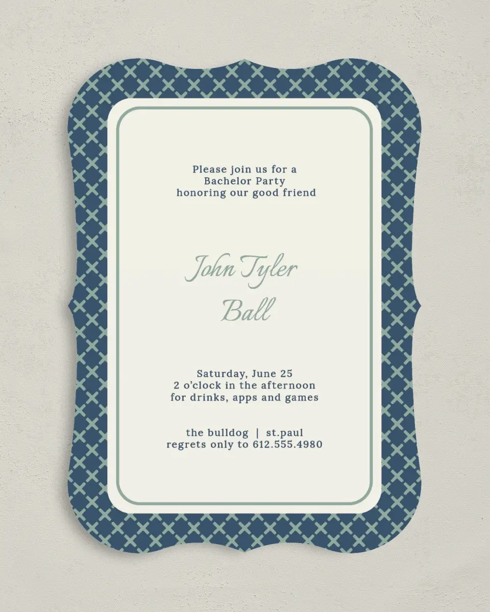 This is a 5" x 7" Bachelor Party Invitation called Points Aplenty printed in full color with Silver foil on Luxe Satin (coated) paper