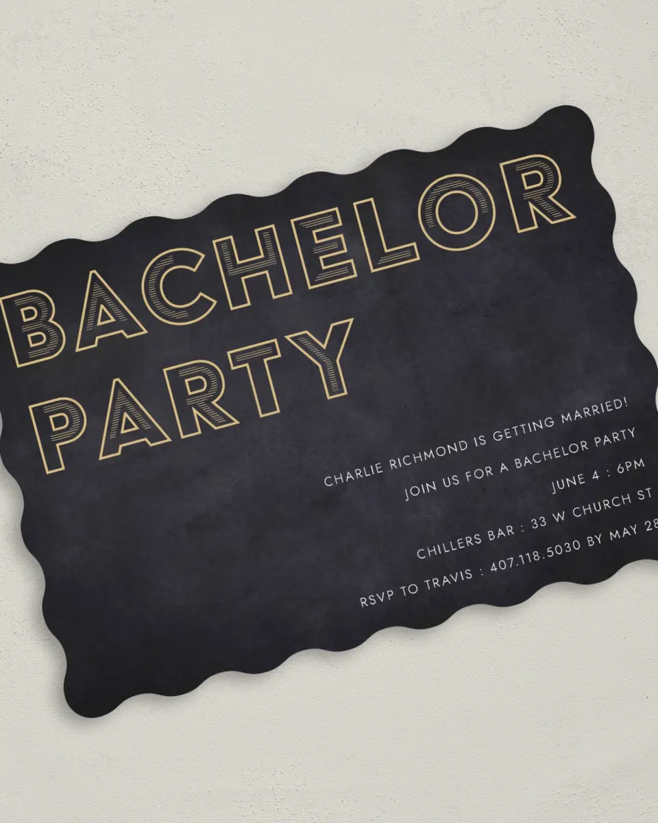 This is a 5" x 7" Bachelor Party Invitation called Man of the Hour printed in full color on Premium Smooth paper