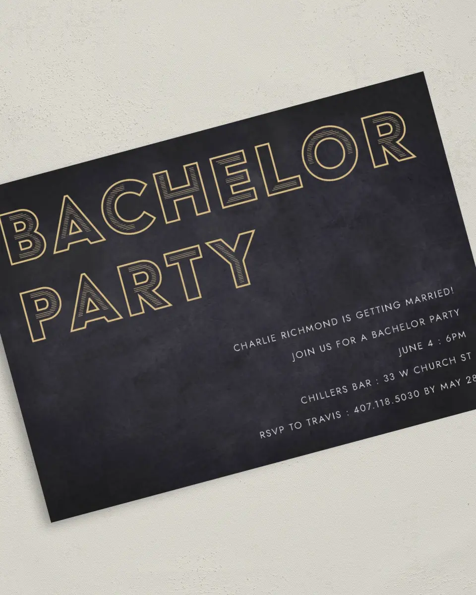 This is a 5" x 7" Bachelor Party Invitation called Man of the Hour printed in full color on Premium Smooth paper