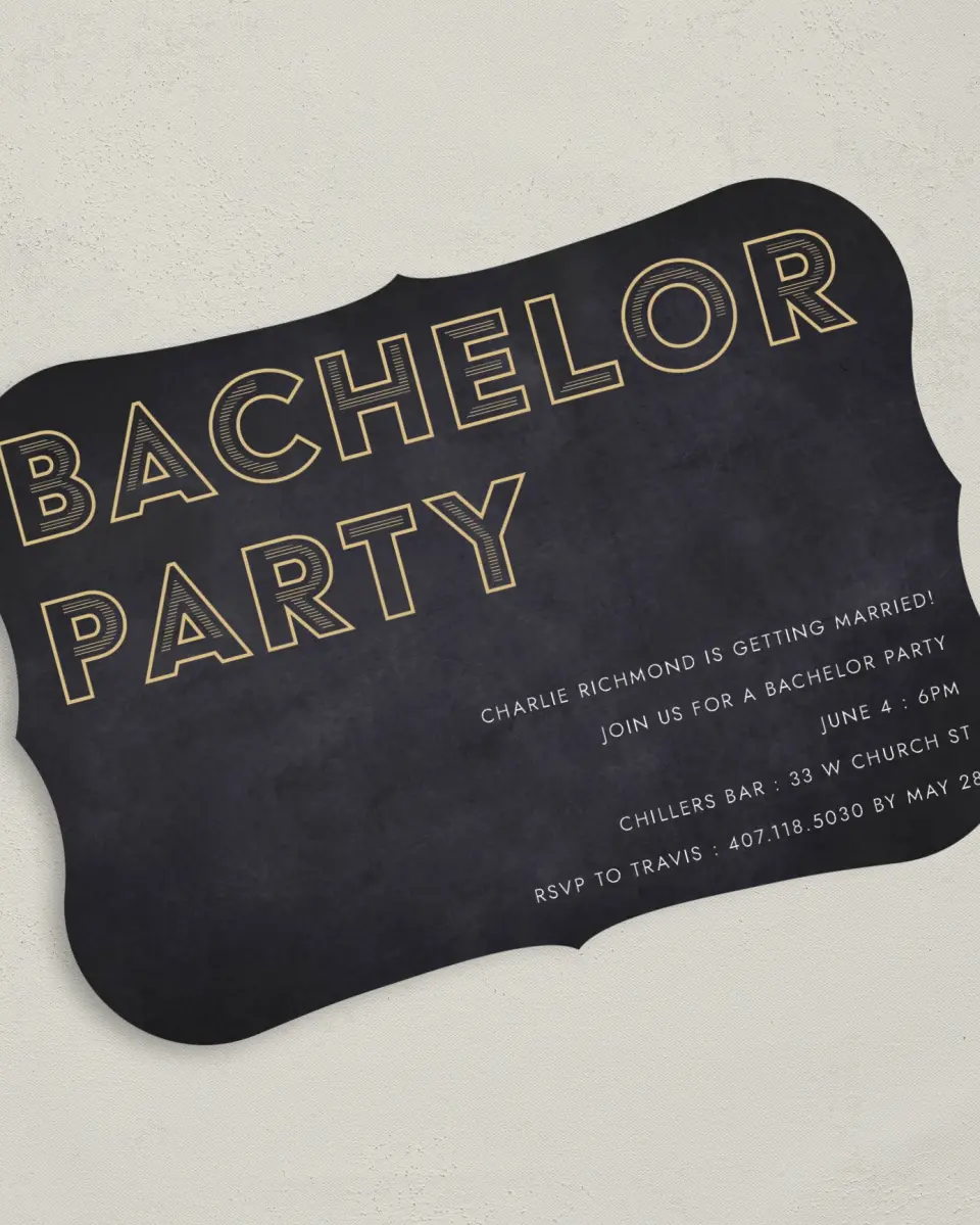 This is a 5" x 7" Bachelor Party Invitation called Man of the Hour printed in full color on Premium Smooth paper