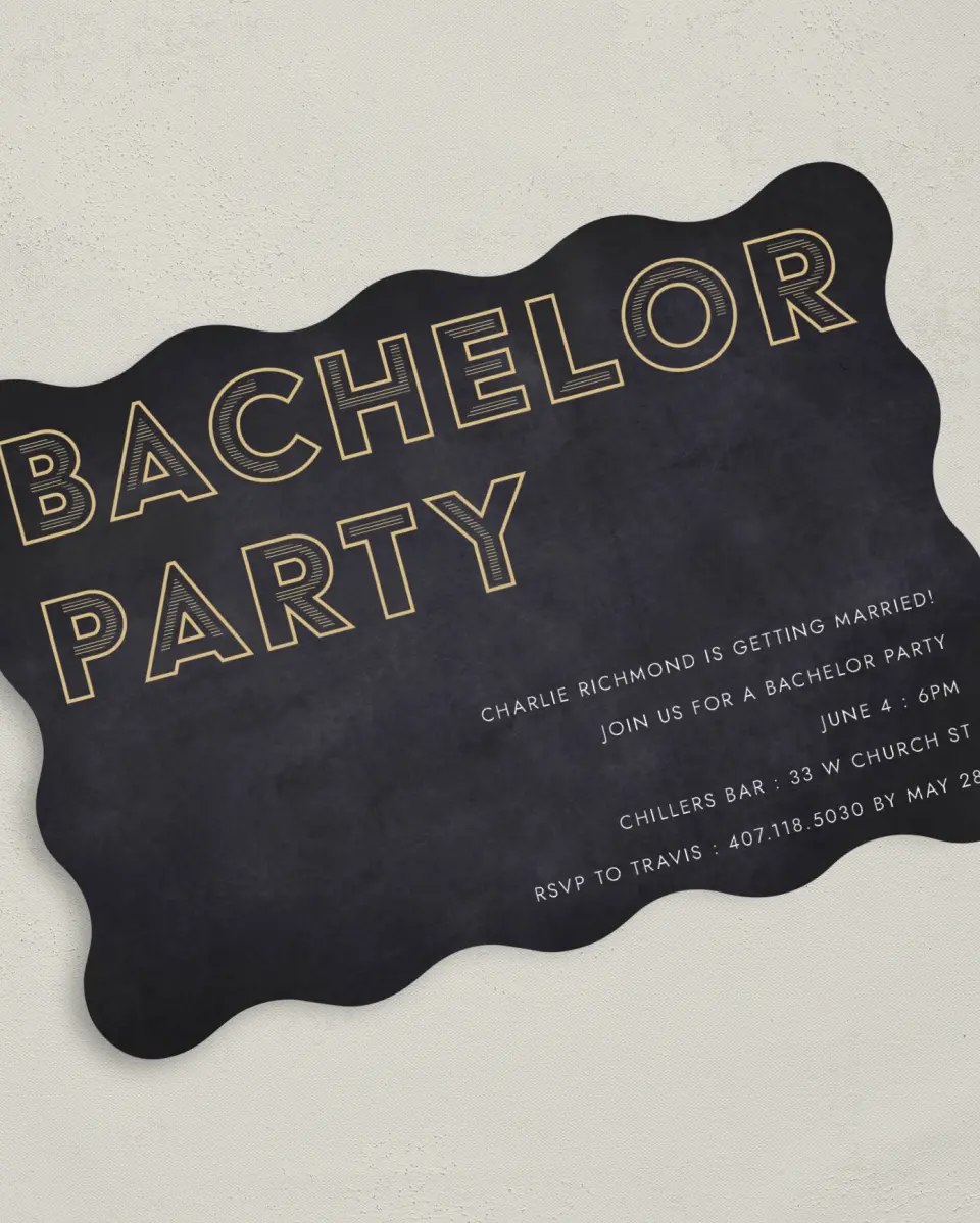 This is a 5" x 7" Bachelor Party Invitation called Man of the Hour printed in full color on Premium Smooth paper