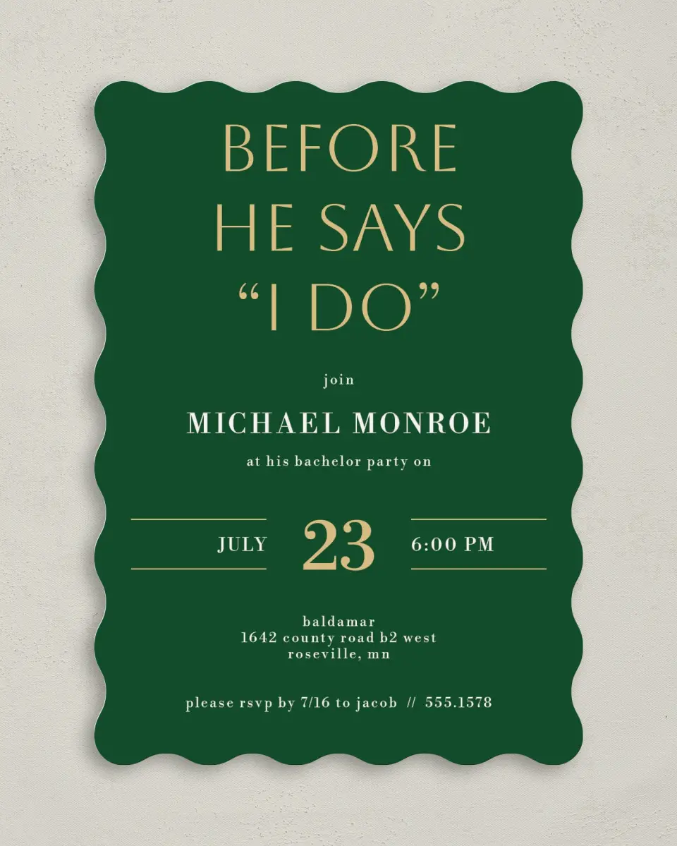 This is a 5" x 7" Bachelor Party Invitation called Celebrate in Style printed in full color on Premium Smooth paper