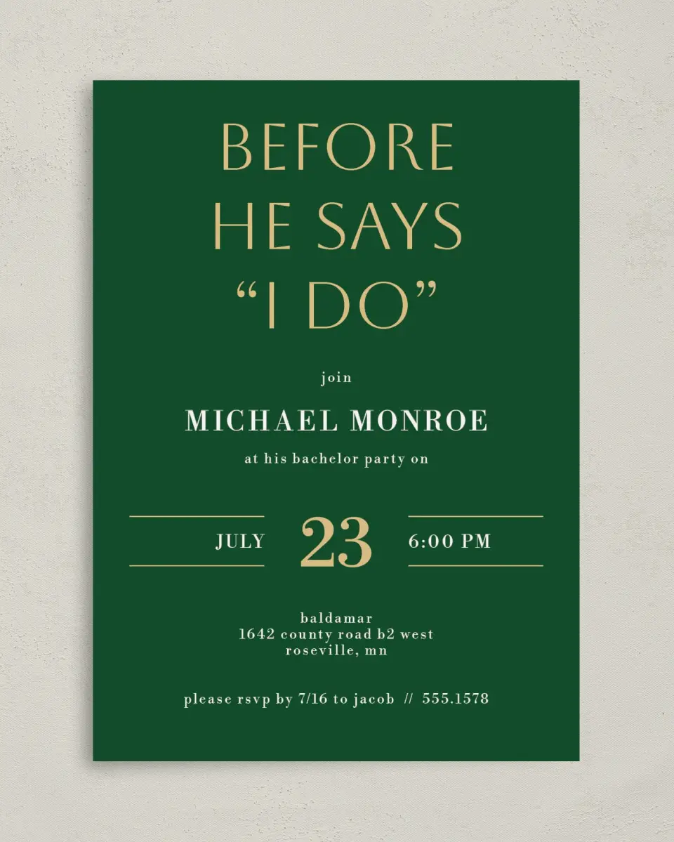This is a 5" x 7" Bachelor Party Invitation called Celebrate in Style printed in full color on Premium Smooth paper