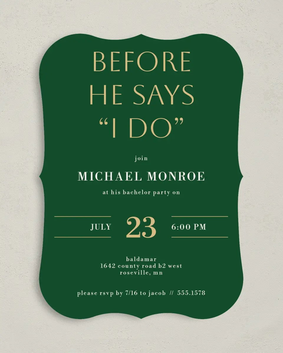 This is a 5" x 7" Bachelor Party Invitation called Celebrate in Style printed in full color on Premium Smooth paper