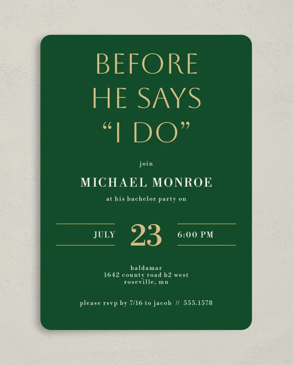 This is a 5" x 7" Bachelor Party Invitation called Celebrate in Style printed in full color on Premium Smooth paper