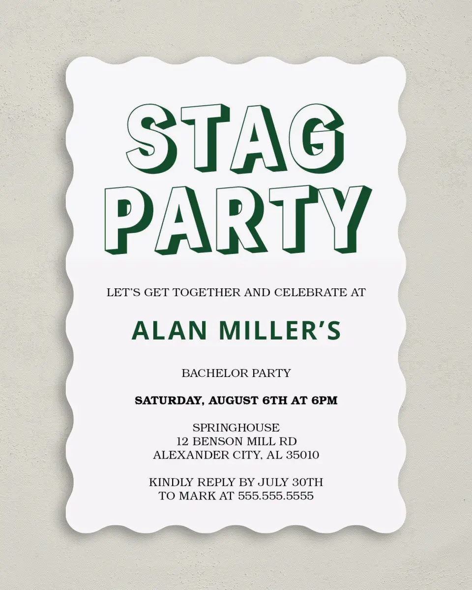 This is a 5" x 7" Bachelor Party Invitation called Stag Joy printed in full color on Premium Smooth paper