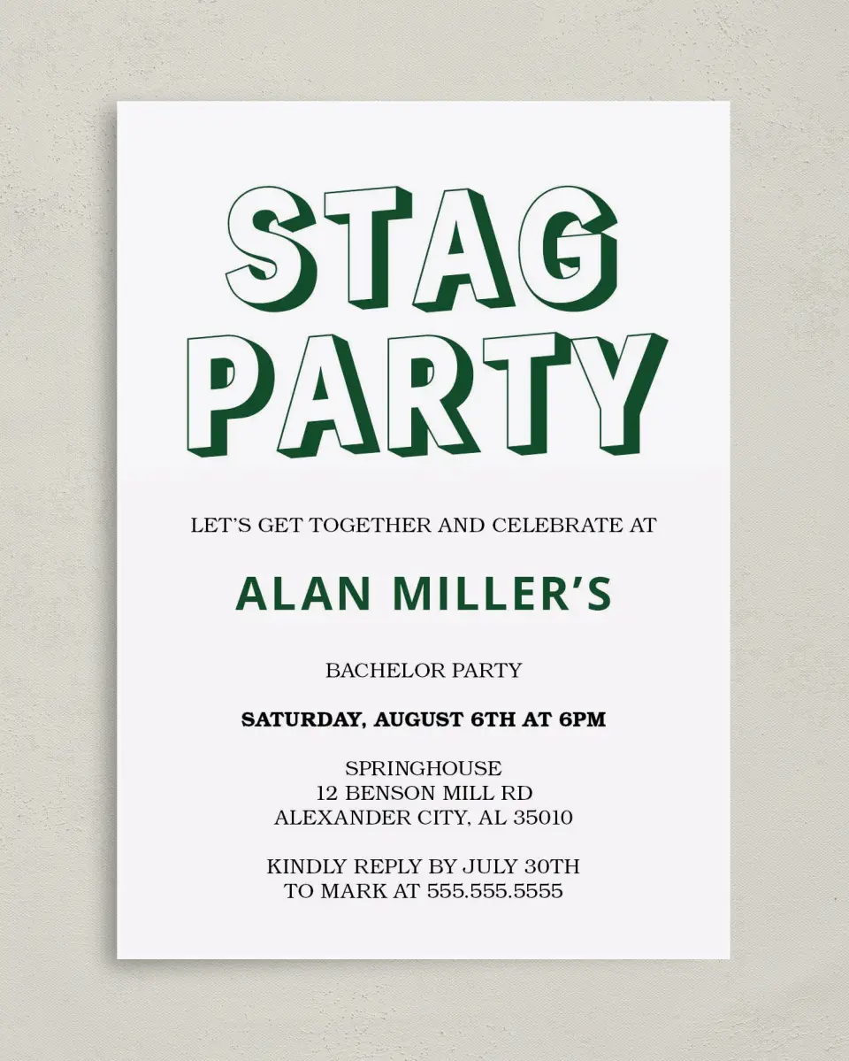 This is a 5" x 7" Bachelor Party Invitation called Stag Joy printed in full color on Premium Smooth paper