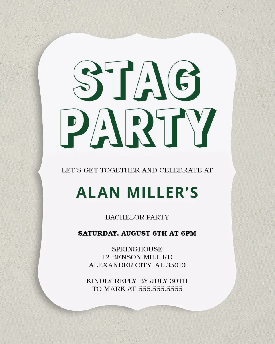 This is a 5" x 7" Bachelor Party Invitation called Stag Joy printed in full color on Premium Smooth paper