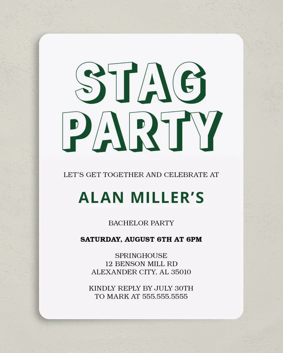 This is a 5" x 7" Bachelor Party Invitation called Stag Joy printed in full color on Premium Smooth paper