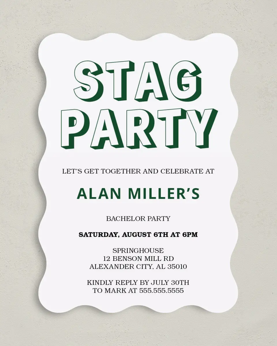 This is a 5" x 7" Bachelor Party Invitation called Stag Joy printed in full color on Premium Smooth paper