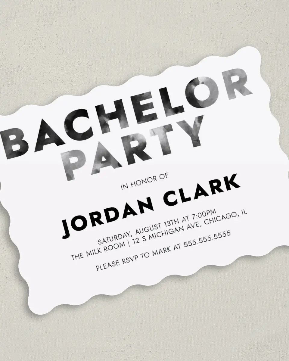 This is a 5" x 7" Bachelor Party Invitation called Modern Bliss printed in full color on Premium Smooth paper