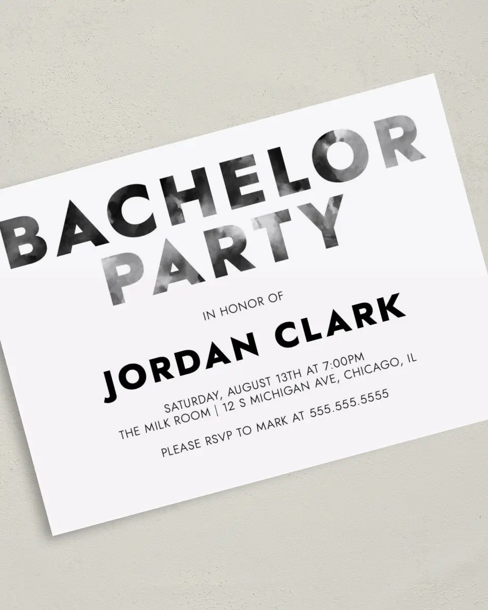 This is a 5" x 7" Bachelor Party Invitation called Modern Bliss printed in full color on Premium Smooth paper
